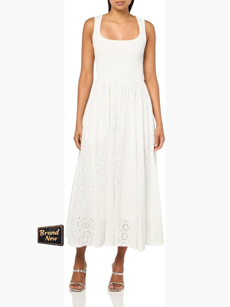 Ribbed Knit Square Neck Midi Dress With Eyelet Skirt